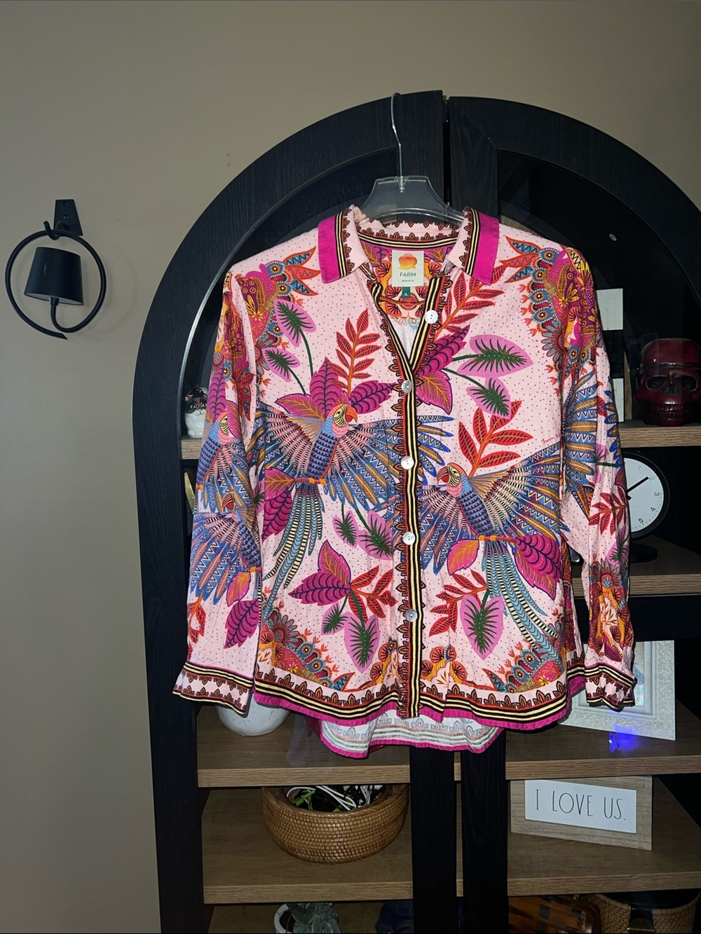 Farm Rio Anthropologie Colorful Tropical Bird Print Button-Up Blouse - NWOT - XL